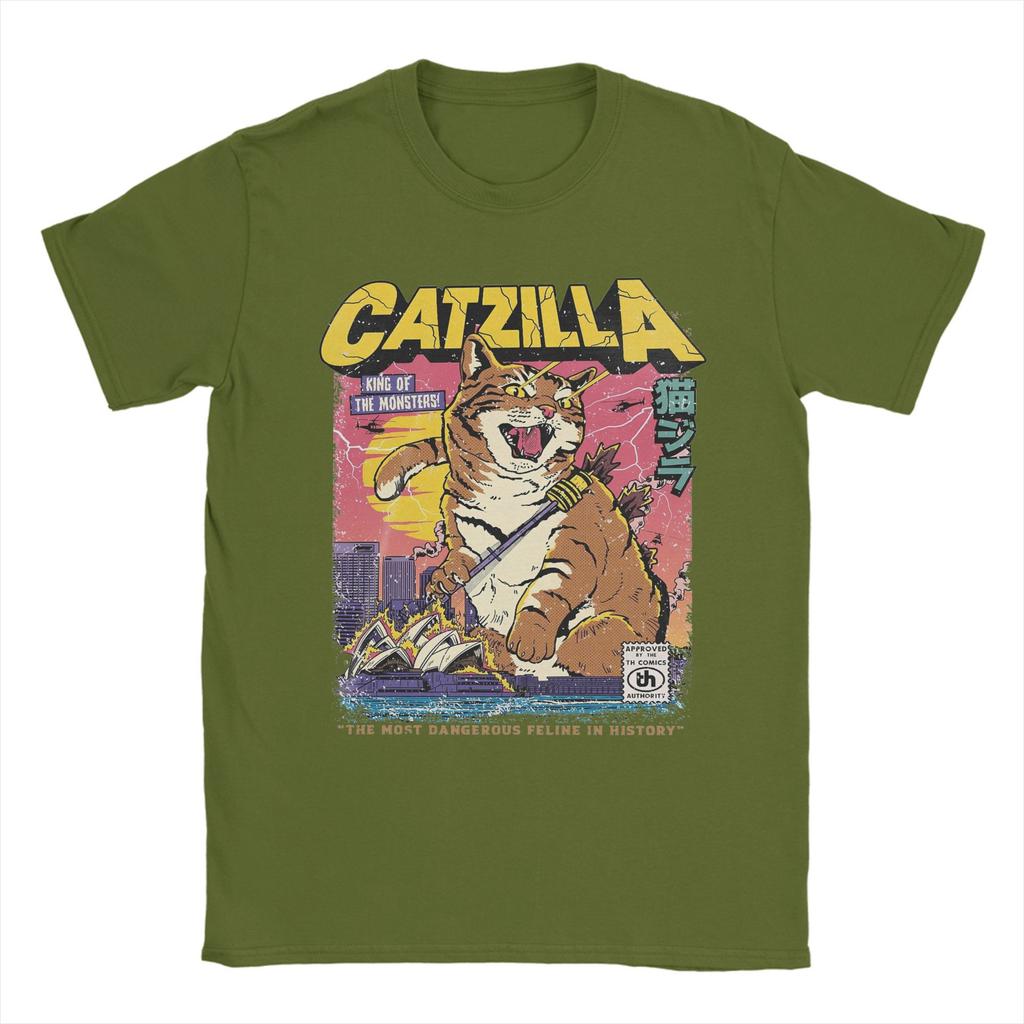 Catzilla Men's T Shirts  Novelty Tee Shirt Short Sleeve Crewneck T-Shirt Pure Cotton Birthday Gift Clothes