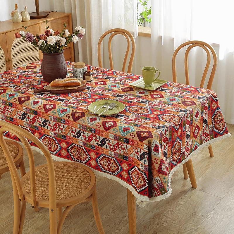 Bohemian Fringed Tablecloth American Retro Jacquard Cotton Linen Heavy Duty Dining Table Cover