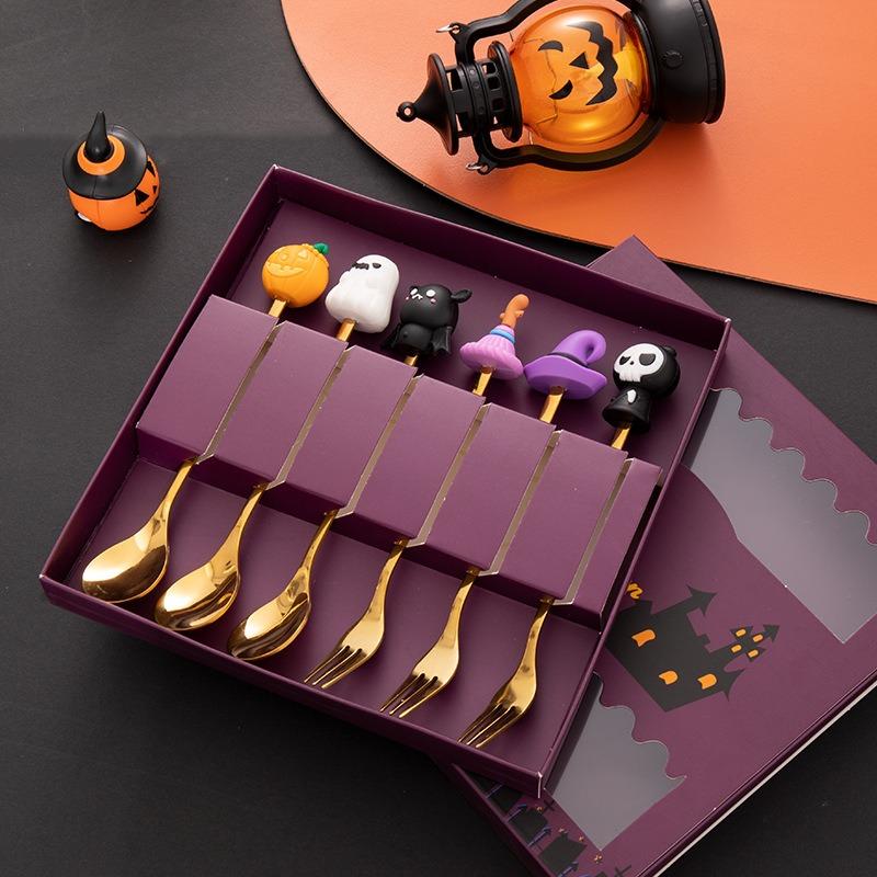 Halloween Cadeaus 304 Roestvrij Staal Koffielepels Halloween Stijl Hanger Taartvork Themafeest Tafelbestek Set