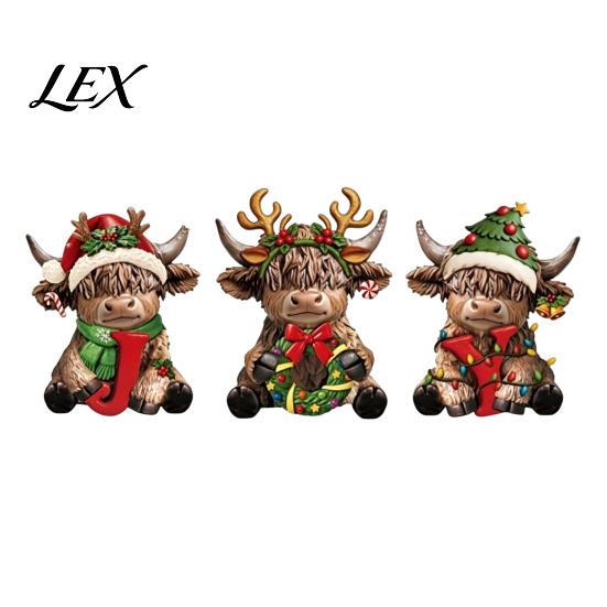 Detailed Figurines for Porch 3Pcs Christmas Highland Cow Figurine, Resin Yak Statues with JOY Letter Sign, Decorative Accents Desk Farmhouse Tabletop