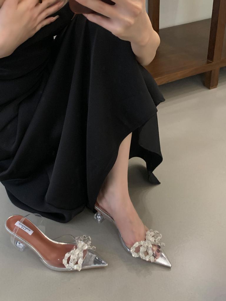 2025 Rhinestone Bow Transparent Crystal Root High Heel Sandals Fairy Bag Head Female Shoes Spot 35-40