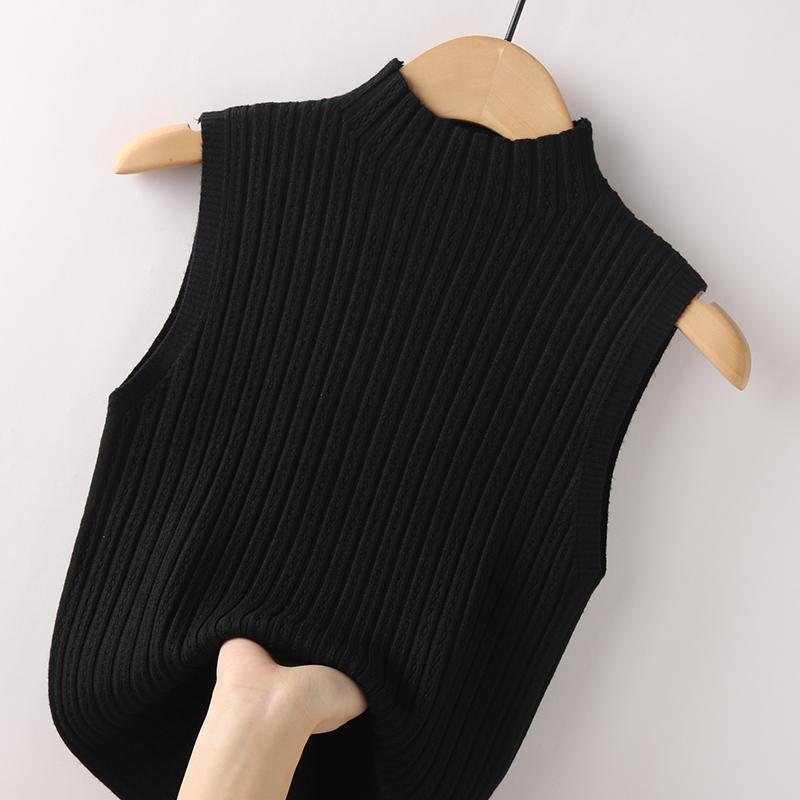 

Летний трикотаж без рукавов, джемпер с высоким воротом, футболка, женский однотонный повседневный жилет в рубчик, облегающий крой 3XL чёрный