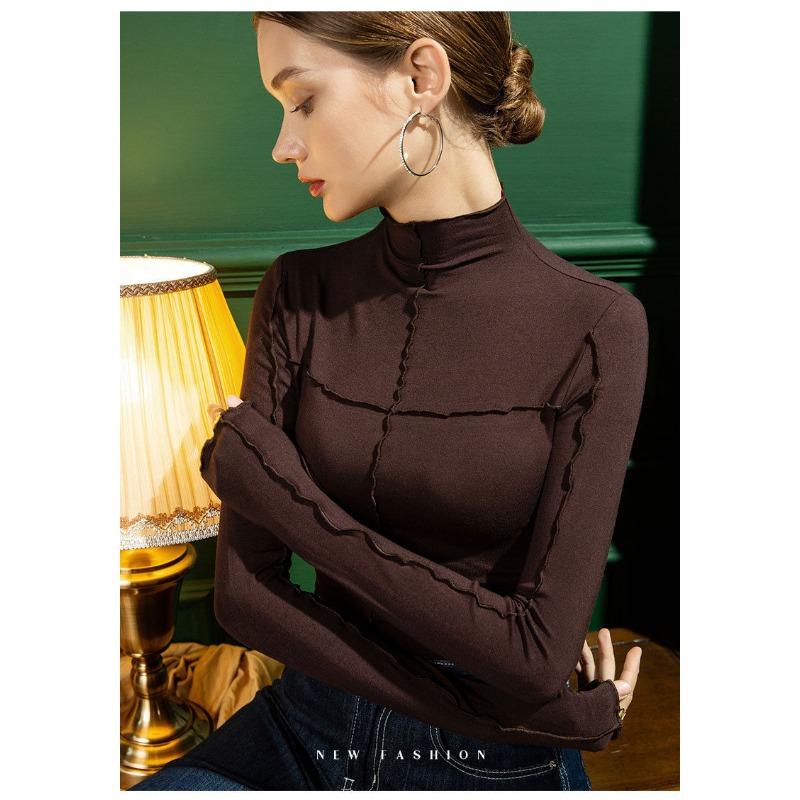 Women's New Splicing Socket Half Turtle Neck Fashionable Solid Color Slim Versatile Casual Long-sleeved Top