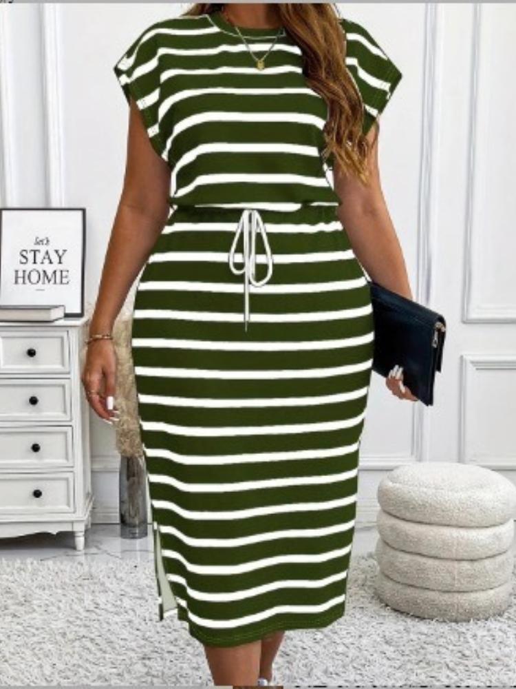 Ärmelloses Midikleid mit grünen und weißen Streifen und Tunnelzug in der Taille