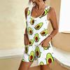 Women Plus Size Scoop Neck Sleeveless Cartoon Bruh Printed Loose Short Romper With Patch Pockets