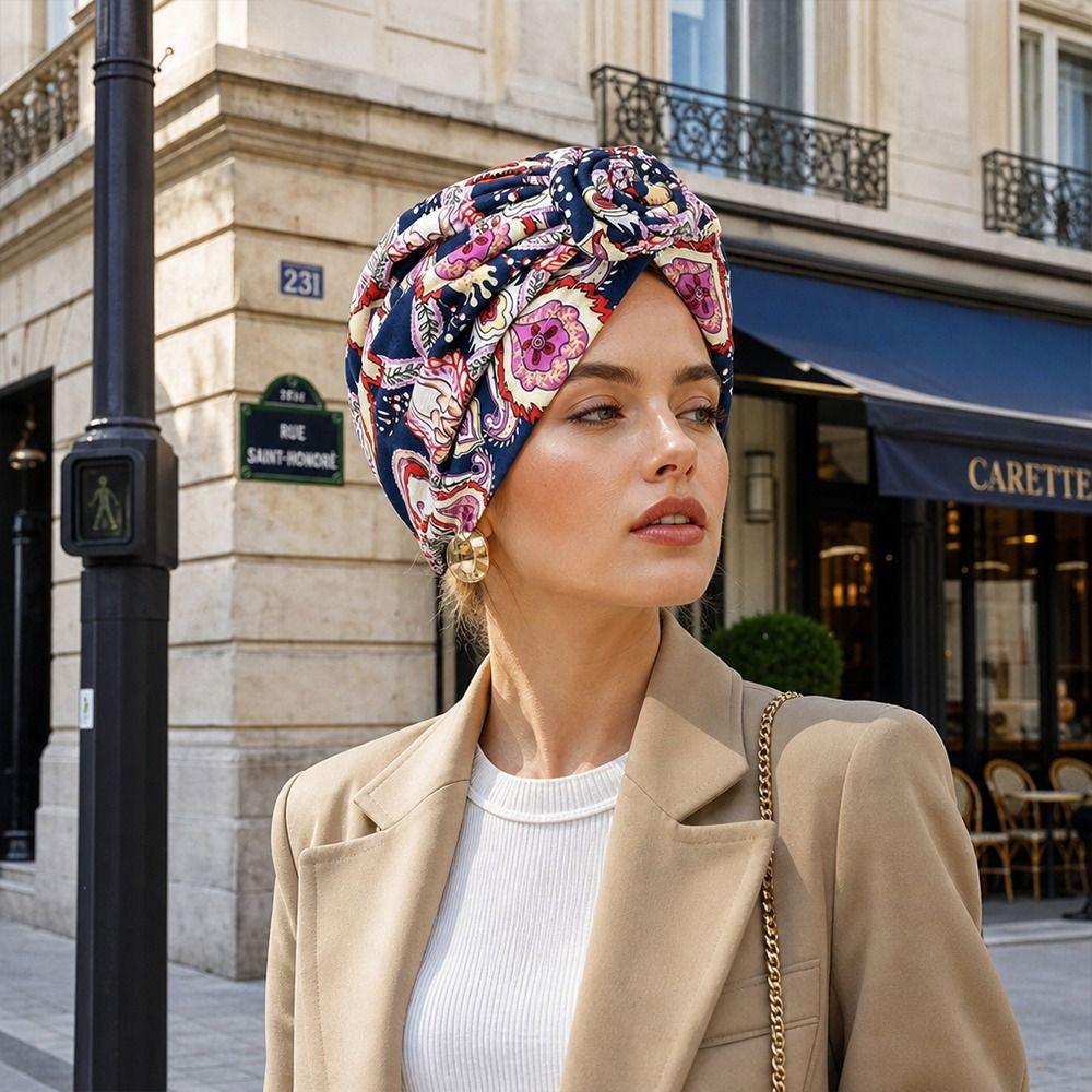 Knotted Style Twist Knot Turban Hat Pleated Floral Head Wrap Islamic Headband Women Headwear
