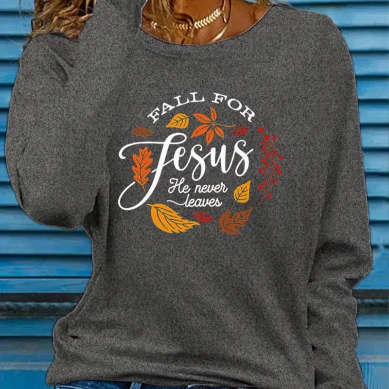 

Топы для женщин с принтом в виде листьев и букв, с круглым вырезом и длинным рукавом, осенняя повседневная тонкая кофта-пуловер, женский топ с длинным рукавом M серый