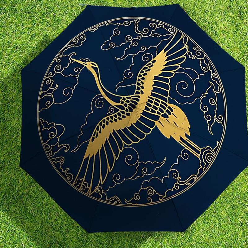 1 Stück Goldener Kranich Wolken Automatischer Faltregenschirm 8 Speichen Eisenrahmen, Geeignet für Reisen, Täglichen Gebrauch, Geburtstag, Geschenk für Frauen & Männer c1231091