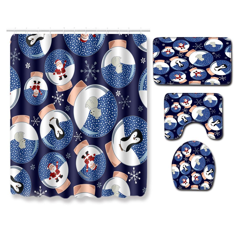 Christmas Shower Curtain Floor Mat Combination Four-Piece Set Bathroom Toilet Carpet Shower Room Mat Foot Mat