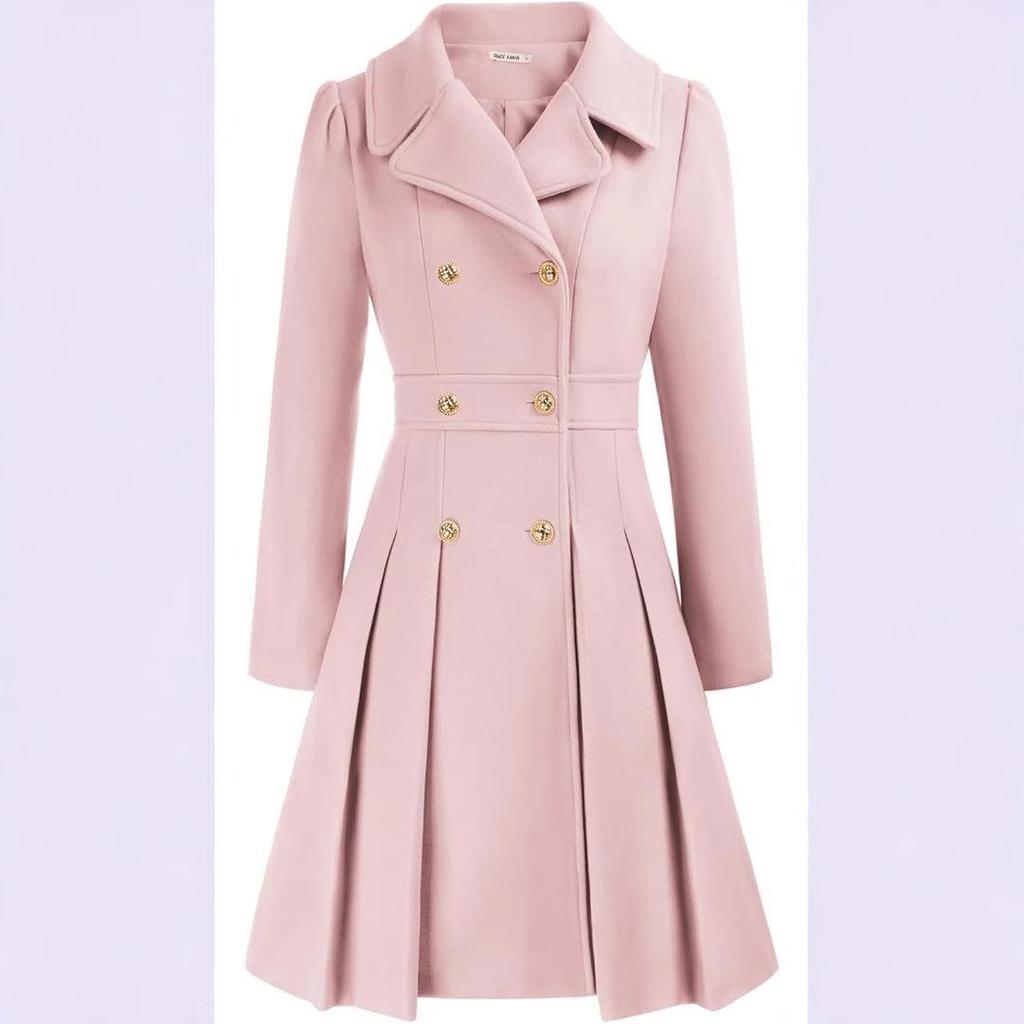 Pink Double Breasted Belted Trench Coat with Notch Lapel and Gold Buttons