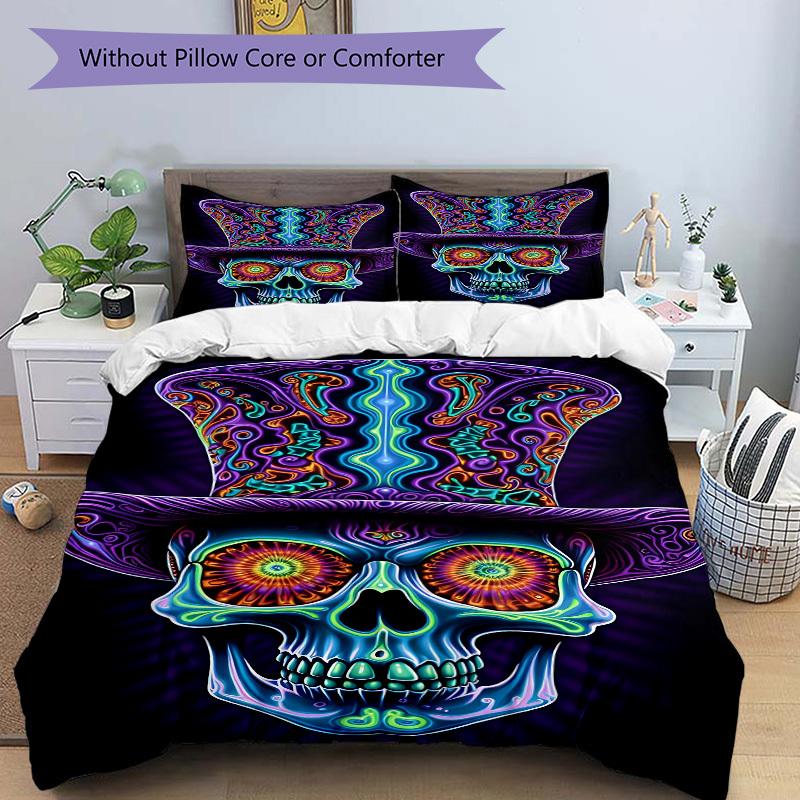 3pcs Psychedelic Skull Duvet Cover Set, Cover For Bedroom Guest Room (1 Duvet Cover + 2 Pillowcase, Without Quilt), yy250922114