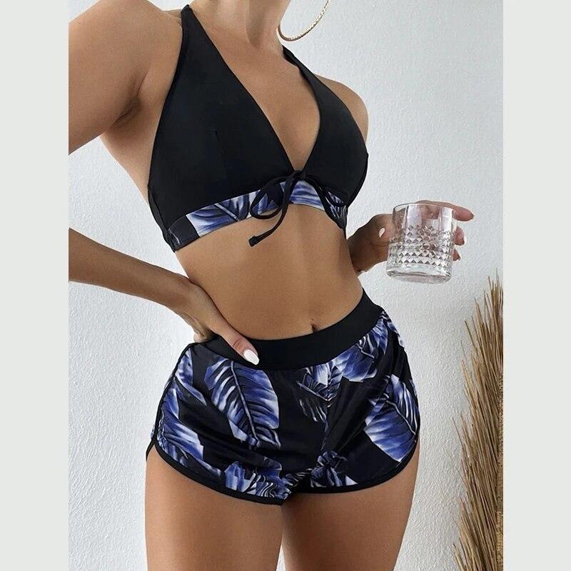 Womens Halter Neck Padded Bra Bikini Set Boy Shorts Swimsuit Beachwear Swimwear