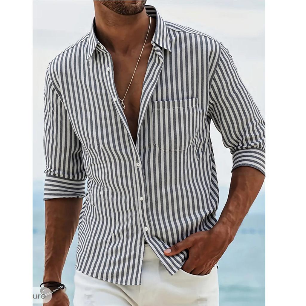 Striped Shirt Men's Long Sleeve Spring and Autumn Button Cardigan Pocket Loose Casual Shirt