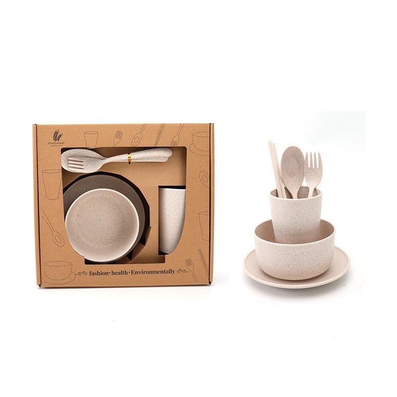 6Pcs Wheat Straw Dinnerware Set for Kids, Reusable Eco-Friendly Tableware Includes Bowl Plate Spoon Fork Chopsticks, Portable Gift Utensils