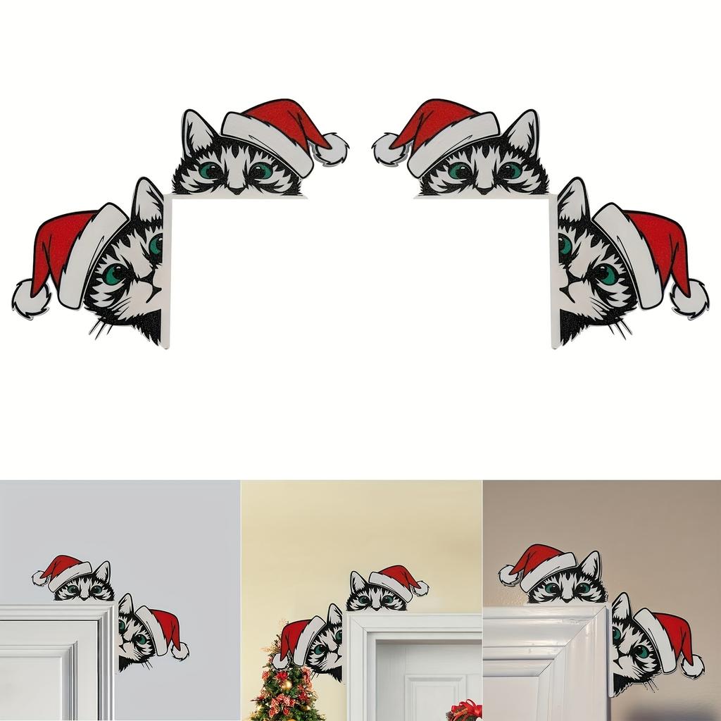 1pc Christmas Cat Door Frame Decoration - Santa Hat Cats with Green Eyes, Artificial Wood Indoor/Outdoor Holiday Decor