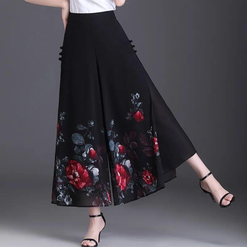 Women's Chiffon Wide Leg Pants Summer Chinese Style Floral Pants Skirt Pants Loose High Waist Retro Pants Skirt
