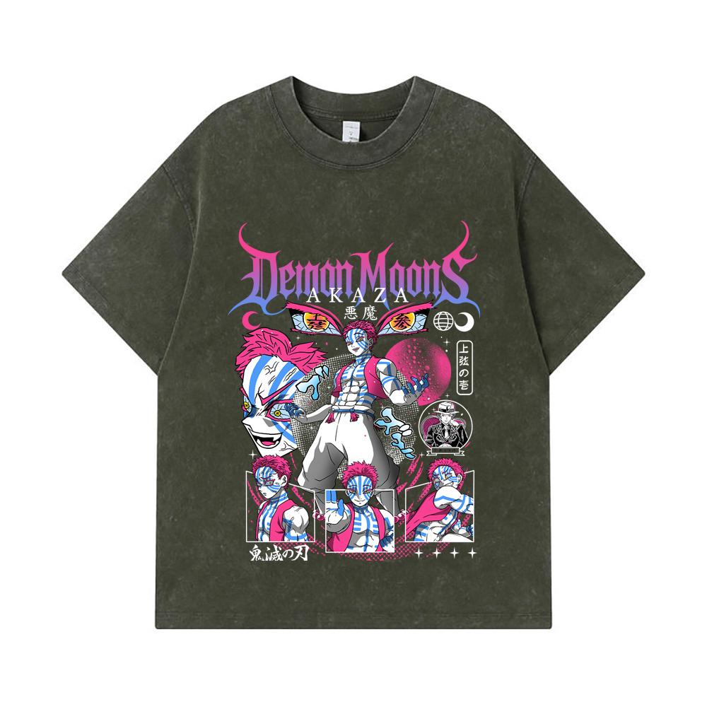 275 GSM Washed T-shirts 100% Cotton Demon Slayer V31 Akaza Print Unisex Heavy Cotton T Shirt