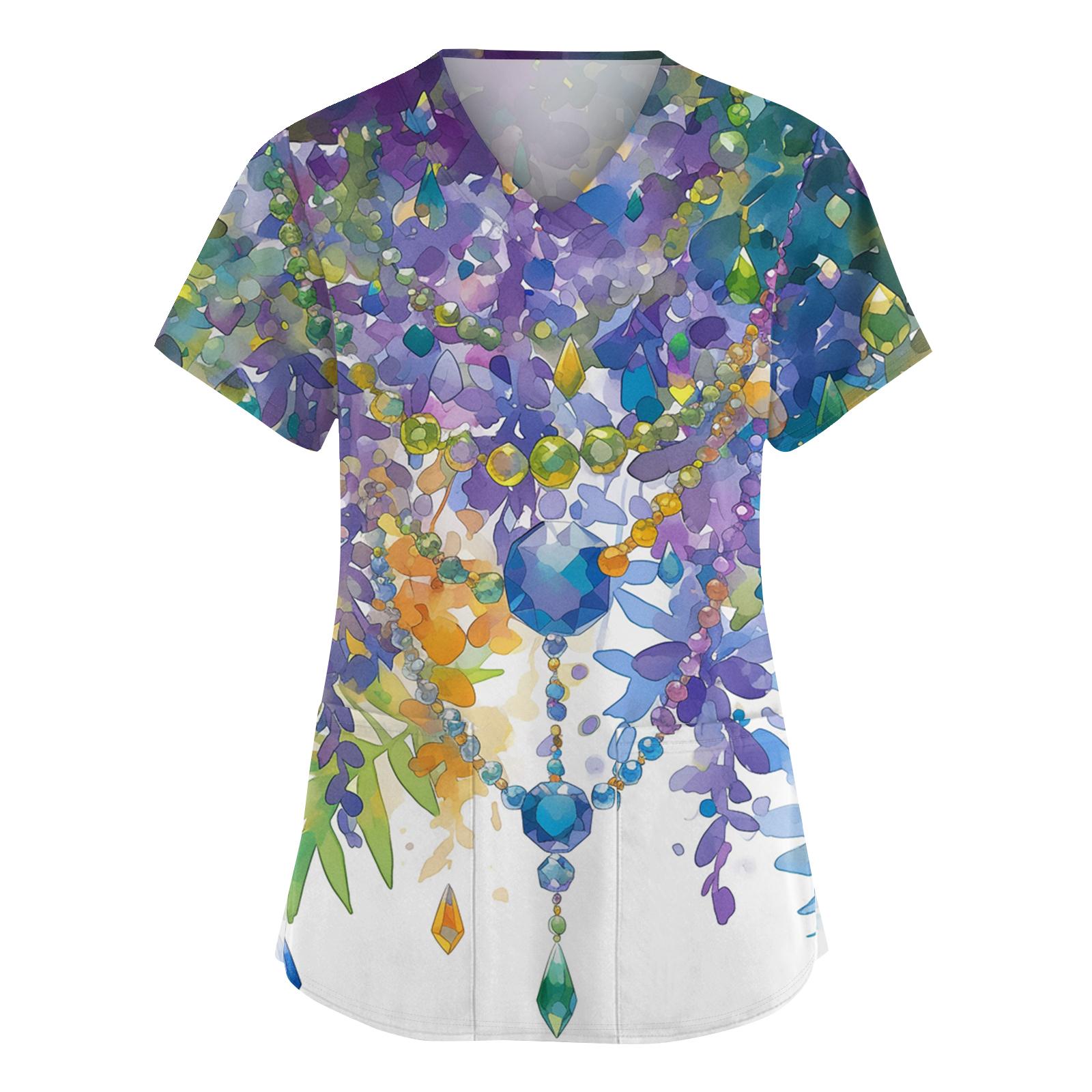 

Женский модный рабочий топ с V-образным вырезом, принтом, короткими рукавами, карманом, боковым разрезом, базовый пуловер XL фиолетовый