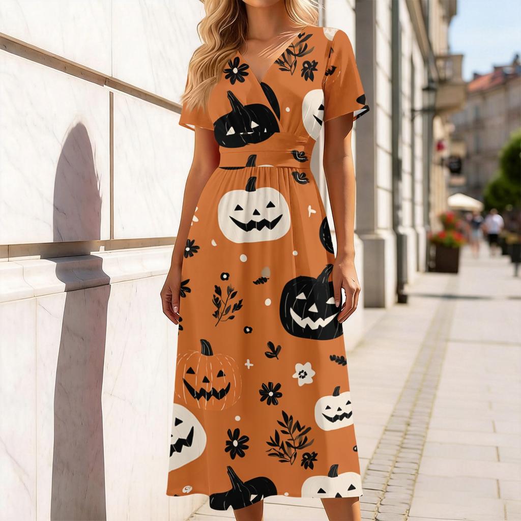 Women's V-Neck Short Sleeve Casual Dress with Halloween Print for Everyday Wear