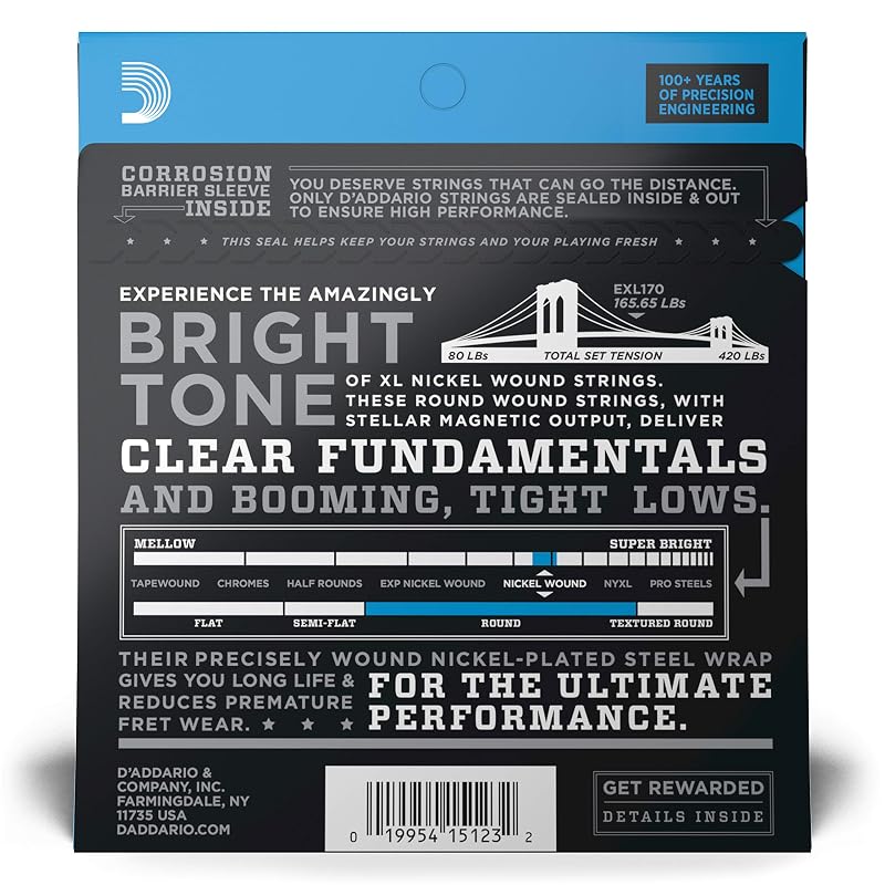 D'Addario Bass Strings, Nickel, Long Scale, .045-.100, EXL170 [Domestic Genuine Product]