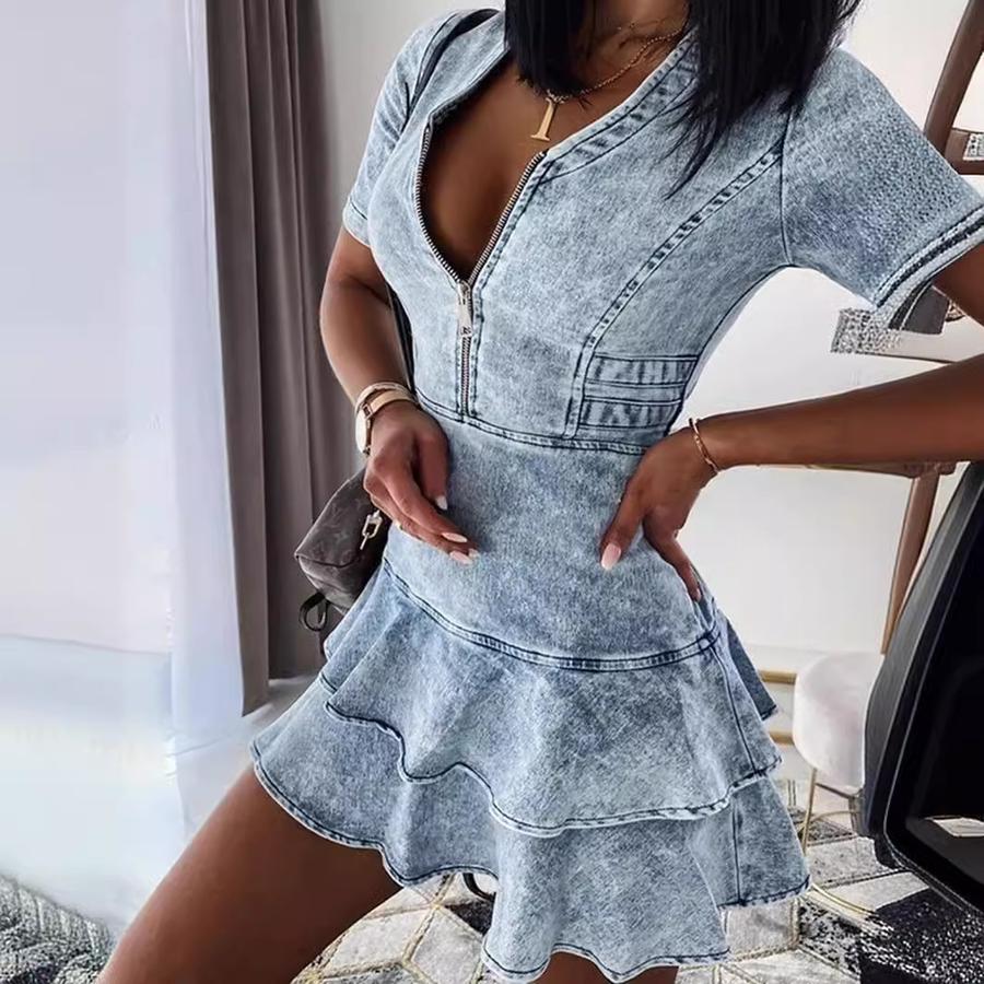 Rochie de vară mini casual din denim, cu mânecă scurtă și decolteu în V ()