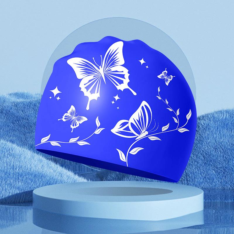 

1 шт. водонепроницаемая удобная шапочка для плавания с принтом бабочек, эластичная защита ушей для женщин и мужчин, силиконовая профессиональная шапочка для плавания синий