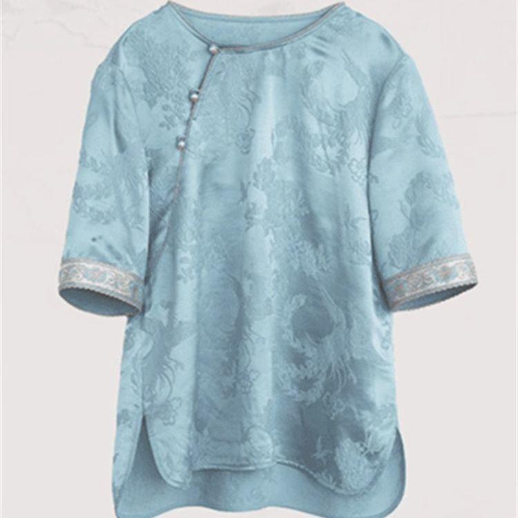 

Summer jacquard explosion new shirt satin embroidered crew neck short-sleeved shirt 2025 top M (under 50kg recommended) синий