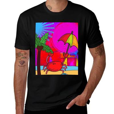 Man CRAB WITH UMBRELLA CUTE T-Shirt ON for FUNNY BEACH RED CARTOON FUCHSIA ORIGINAL Graphic Funny PINK T ART Shirts