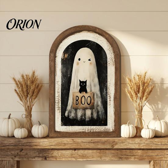 Halloween Spooky Decorative Sign Ghost Wall Decor, Cute Table Sign, Vintage Arch Framed Fall Season Accent Picture, Art for Mantel Living Room Bedroom
