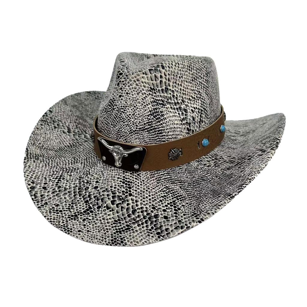 European And American Snake Pattern Western Cowboy Hat Ethnic Style Bull Head Decoration Men'S And Women'S Top Hat 9.5Cm Large Brim Jazz Hat