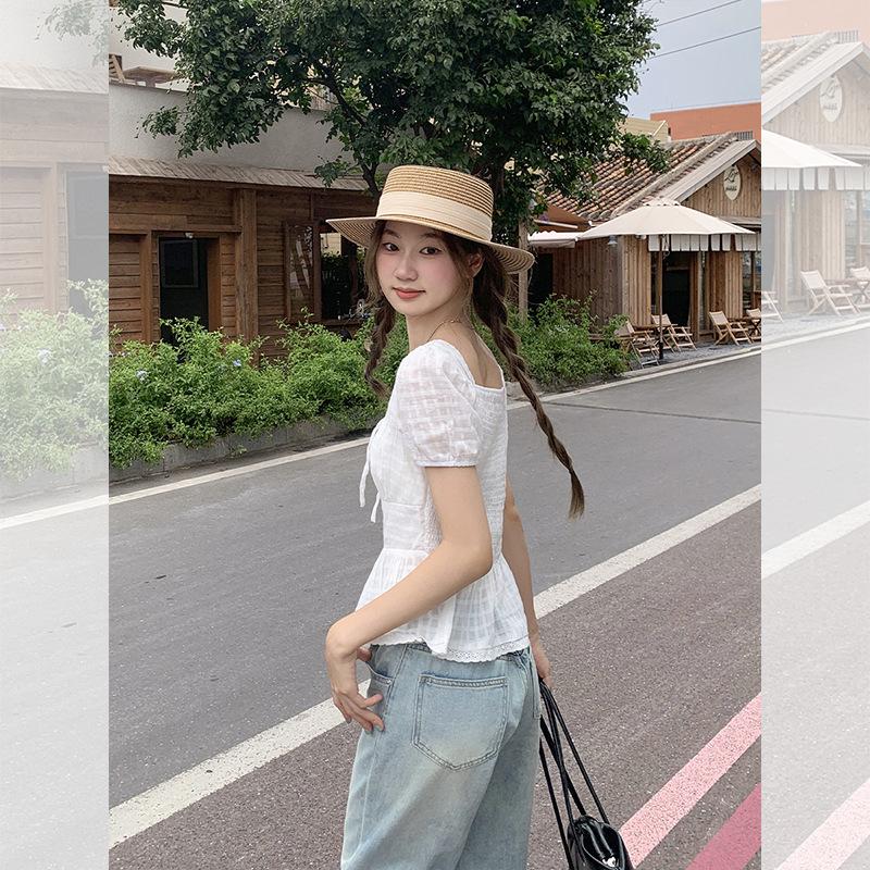 Pure Desire Style Bow Strap Short-sleeved T-shirt Women's Summer New French Age-reducing Waist Slim-fitting Short Top