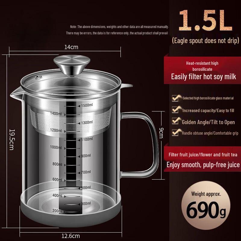 

1.5L 304 Stainless Steel and High Borosilicate Soy Milk Filter Pot