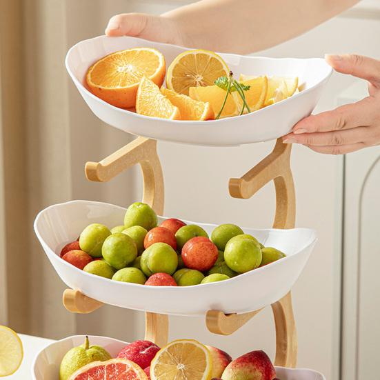 Multi Layer Fruit Basket with Bamboo Stand, Plastic Tiered Snack Tower for Candy Nuts, Space Saving Kitchen Counter Organizer for Living Room