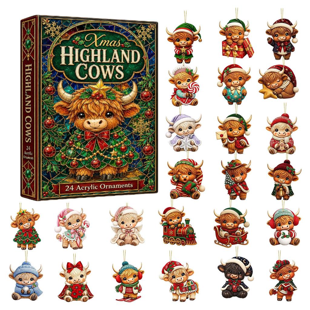 2026 24-Day Highland Cow Advent Calendar - Christmas Countdown Gift Box with Collectible Mini Acrylic,Festive Holiday Home Decor