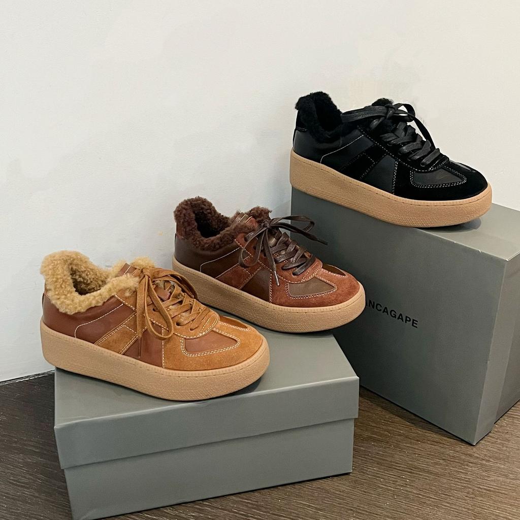 Fleece Leather German Training Shoes for Women, New Cotton Winter Wool Flat-bottomed Casual Board Shoes Forrest Gump Shoes