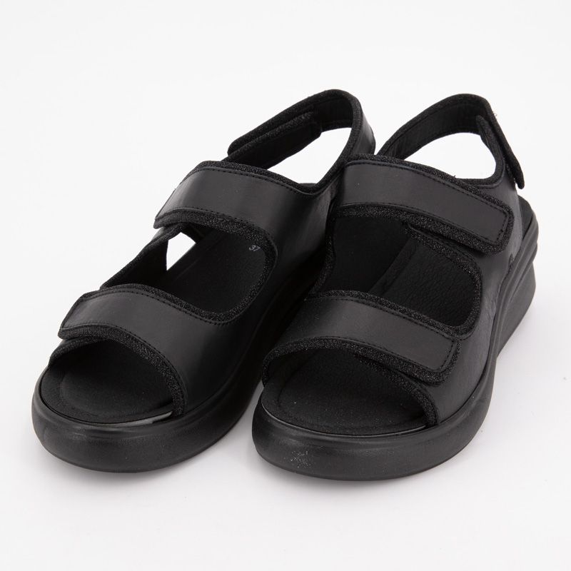 Women's SCHOLL Giuly Black Leather Wedge Sandals with Two Velcro Straps