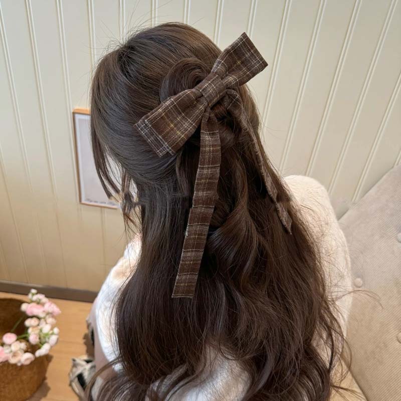 Elegant Plaid Ribbon Bow Hairpins Women Girls Hair Clips Claw Barrettes Accessories Hairclip Headdress Headwear Ornament