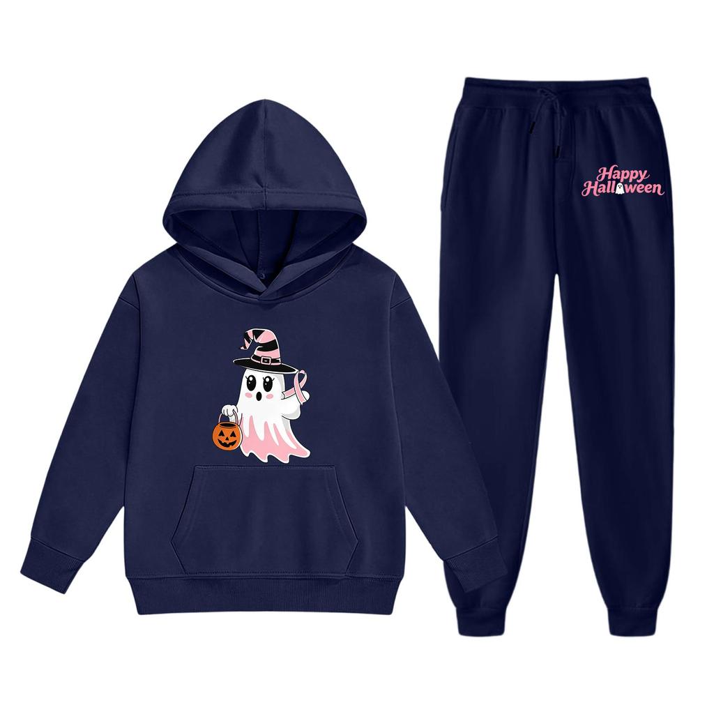 Kids Halloween Hoodie and Pants Set Ghost Print Hooded Sweatshirt and Matching Bottoms Comfortable Casual Outfit for Boys and Girls