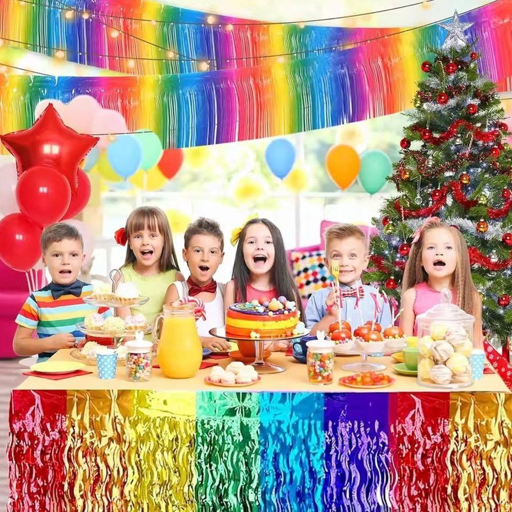 Colorful Rainbow Wavy Table Skirt 75*275cm Table Dress Tablecloths Metallic Foil Tinsel Table Cloth Halloween Christmas Day