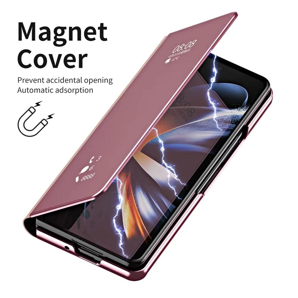 Luxury Side Window Smart Dormancy Case for Samsung Galaxy Z Fold 7 6 5 4 3 Plating Mirror PU Leather Stand Cover for Z Fold 7