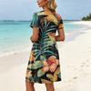 Women Short Sleeve Floral Print Crew Neck Casual Waist Dress with Pockets Loose Fit Summer Dress for Daily Wear