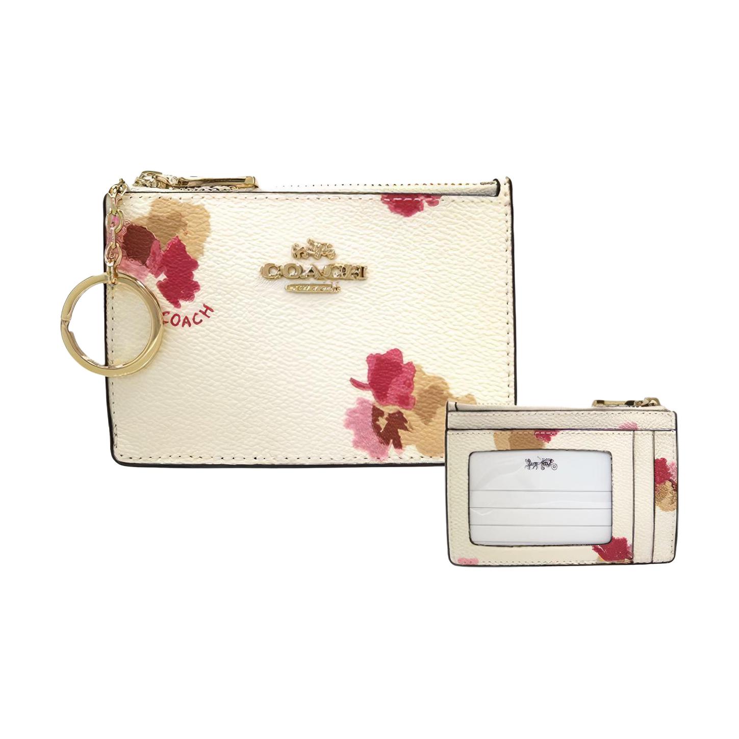 Coach Skinny Id Case Floral Print Design Zipper Closure Canvas Card Wallet Women wallet White 65439-LIF2N Basic Set (Bag+Dust Bag)