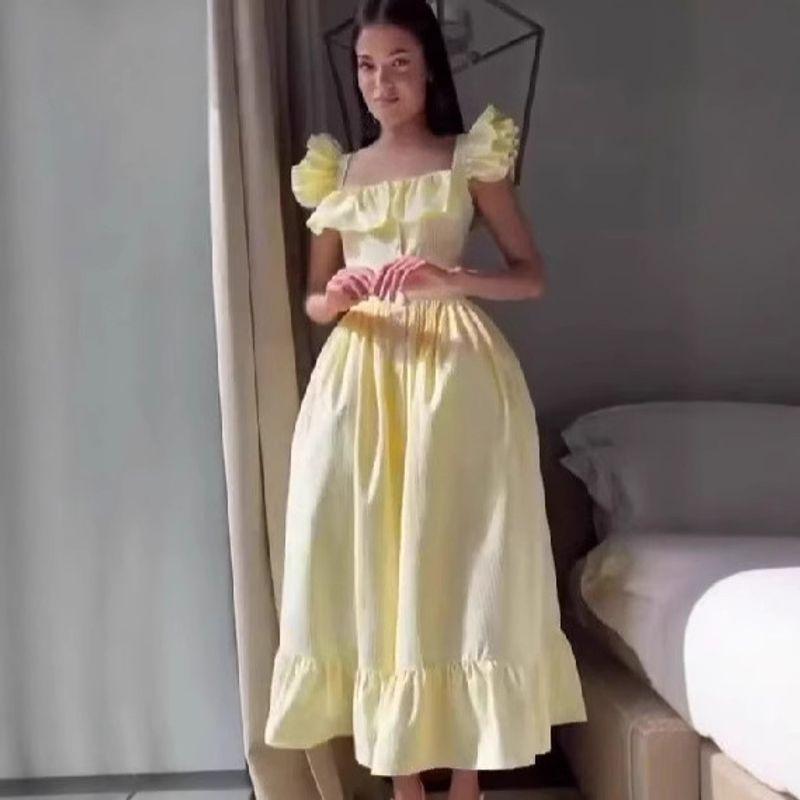 Flying Sleeves Frill Dress 2025 Fresh Sweet Square Collar Breasted Stripe Slit Long dress