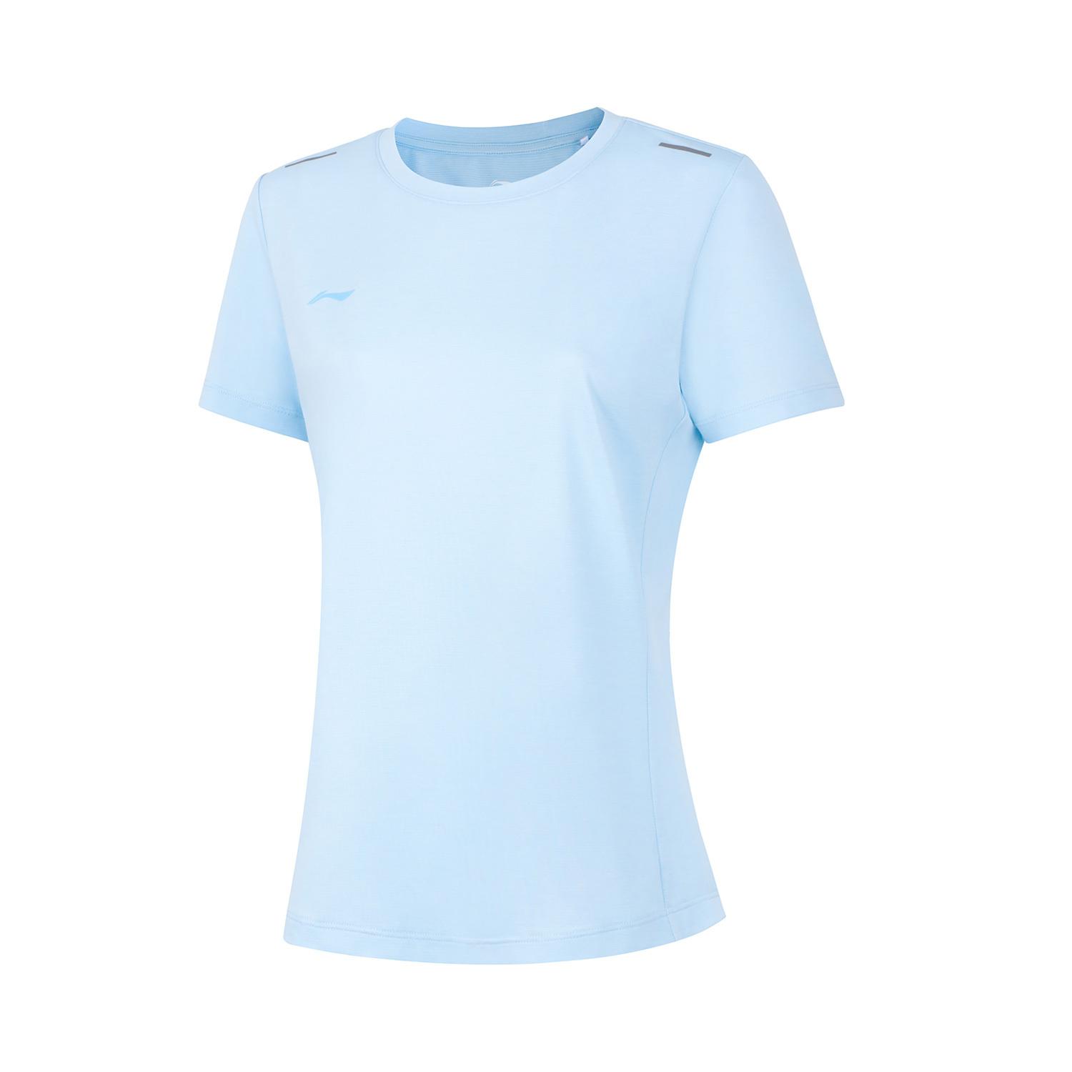 

Li Ning однотонный круглый вырез пуловер спортивная футболка с коротким рукавом женские топы небесно-голубой ATSU552-8 S