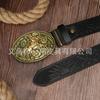 Cross Retro Green Leaf & Flower Embossed Leather Belt with Bronze Bull Head