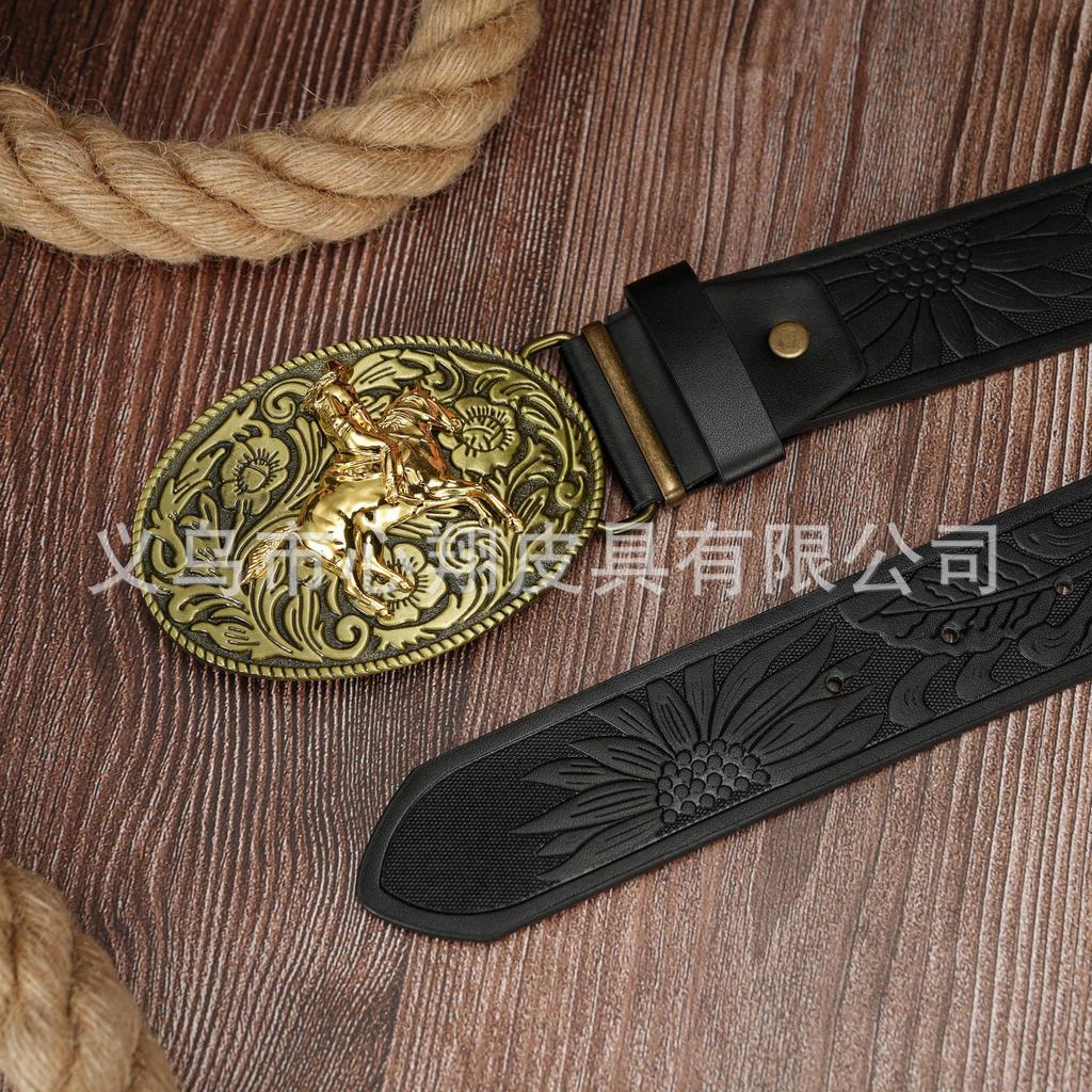 Cross Retro Green Leaf & Flower Embossed Leather Belt with Bronze Bull Head