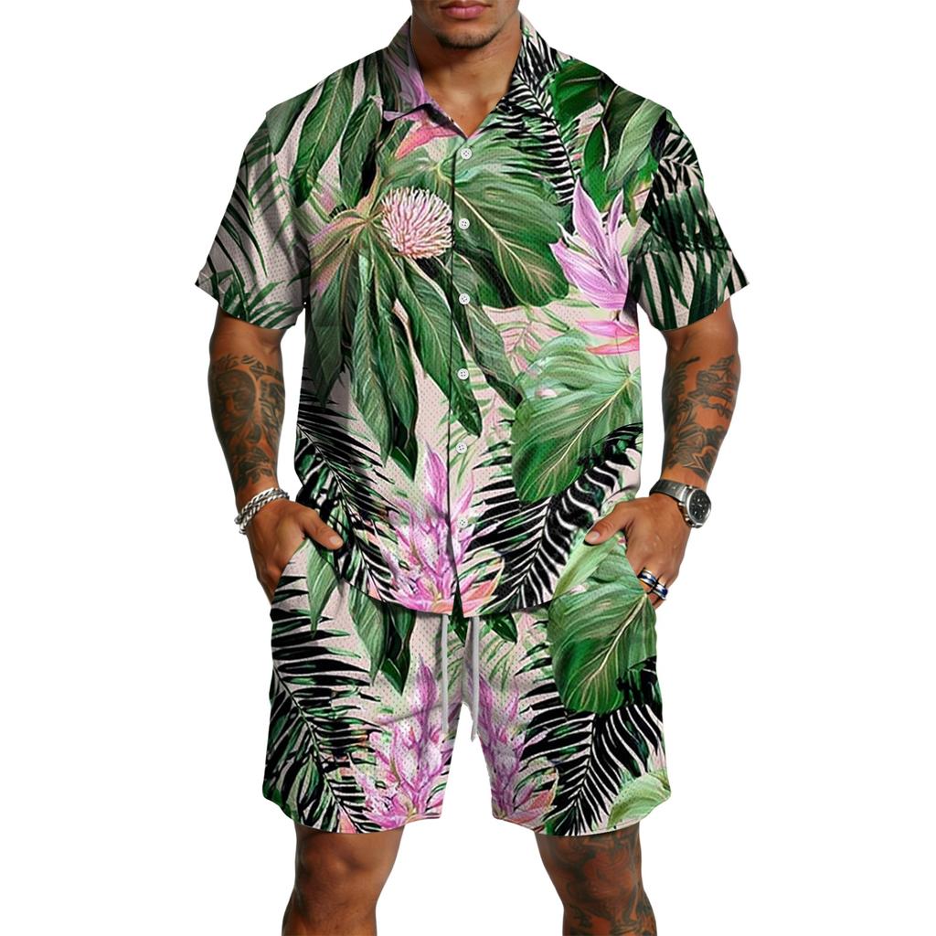 Men's Casual Print Matching Set - Lightweight Breathable Top and Drawstring Shorts 2-Piece Outfit for Summer