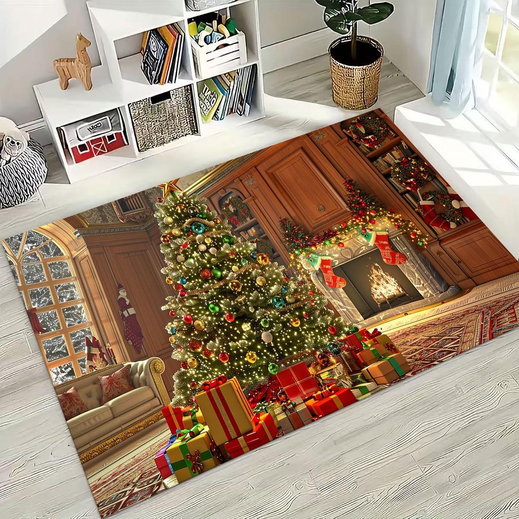2026 New Merry Christmas Tree Santa Claus New Year Cartoon Carpet Rug for Bedroom Living Room Sofa Home Doormat Decor,Non-slip