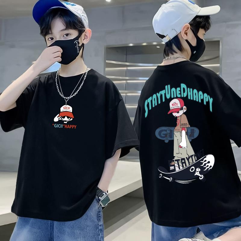 Skateboard Boy Pattern Tshirt Summer Cotton Casual Comfortable Short Sleeve Childrens Top