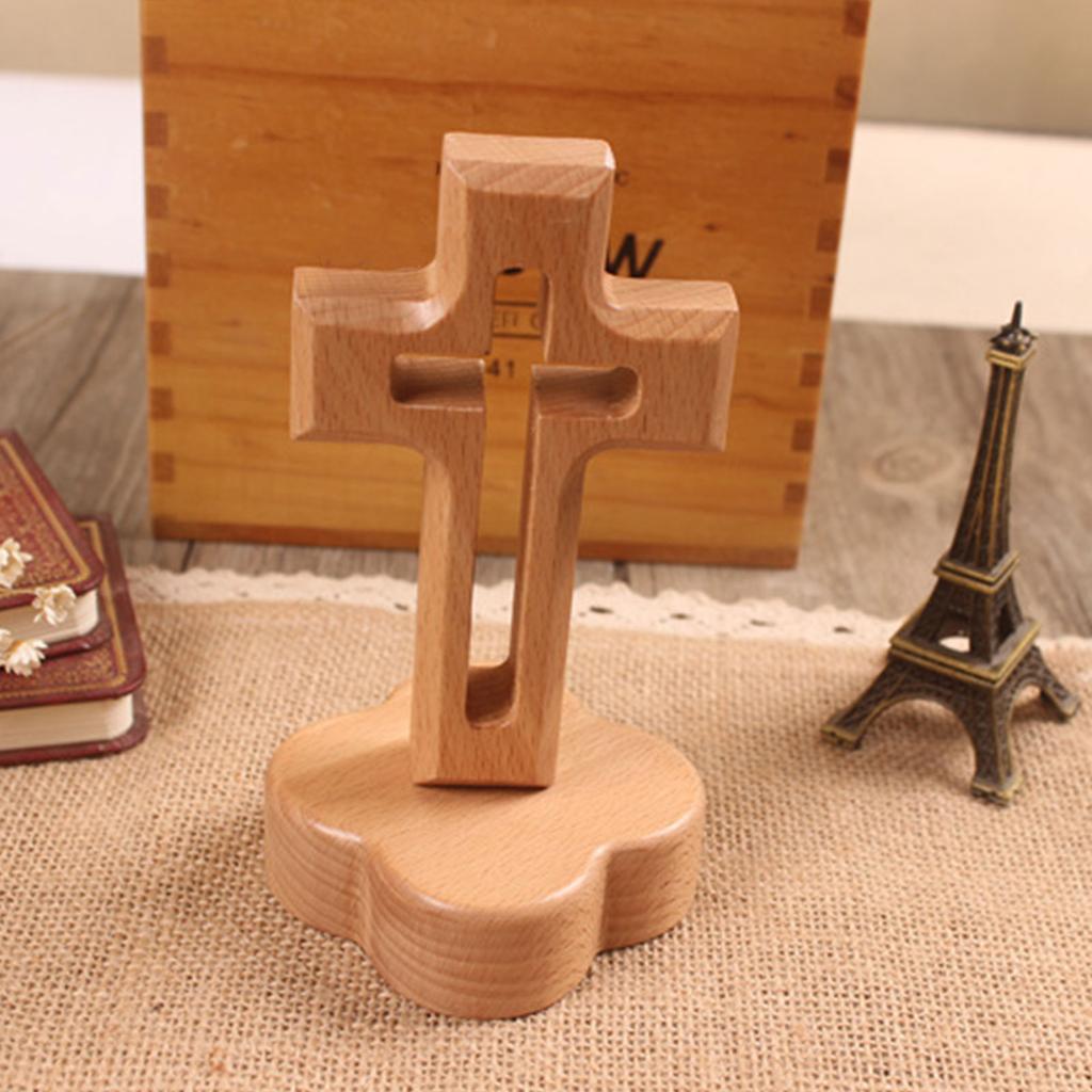 Wood Cross Ornament with Bottom Holder Decorative Figurine Decoration for School Office Bedroom Tabletop Decoration
